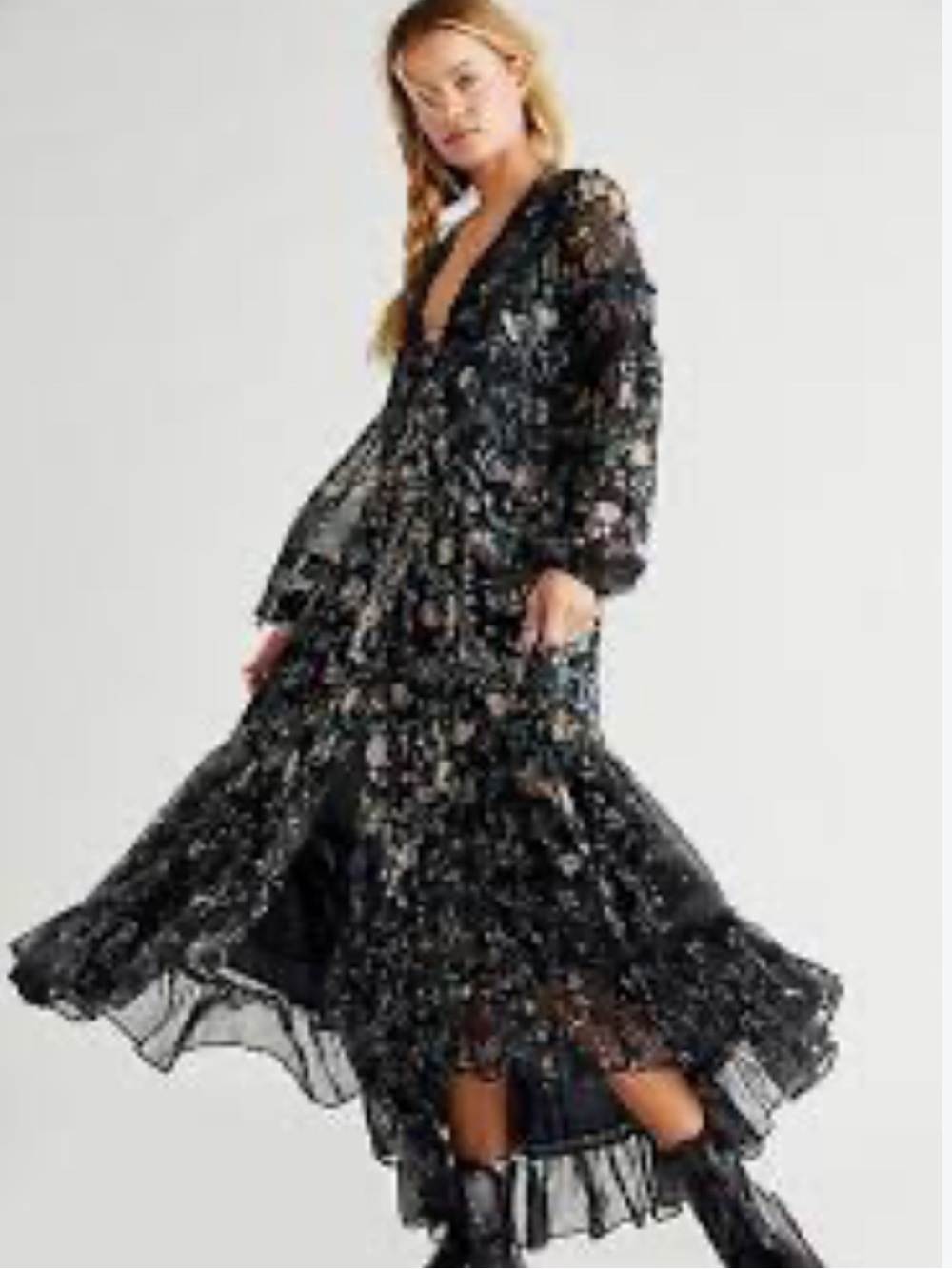 Free People Cassis Black Floral Chiffon Tiered Midi Dress
